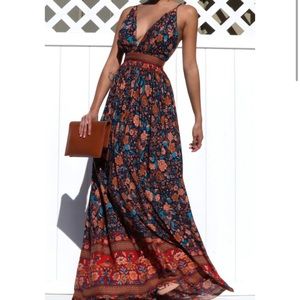 NEW Border Printed Woven Maxi Dress Whit Sash Detail